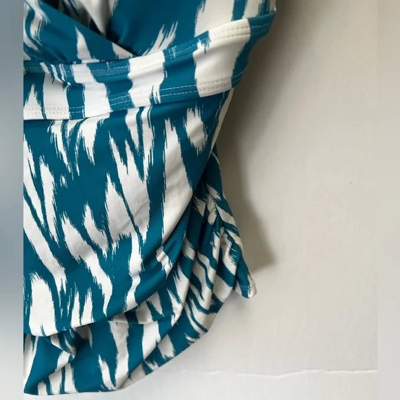 ANNE COLE TEAL & WHITE SIZE LARGE PATTERNED TANKINI PADDED WITH UNDERWIRES. NWOT - Picture 6 of 8